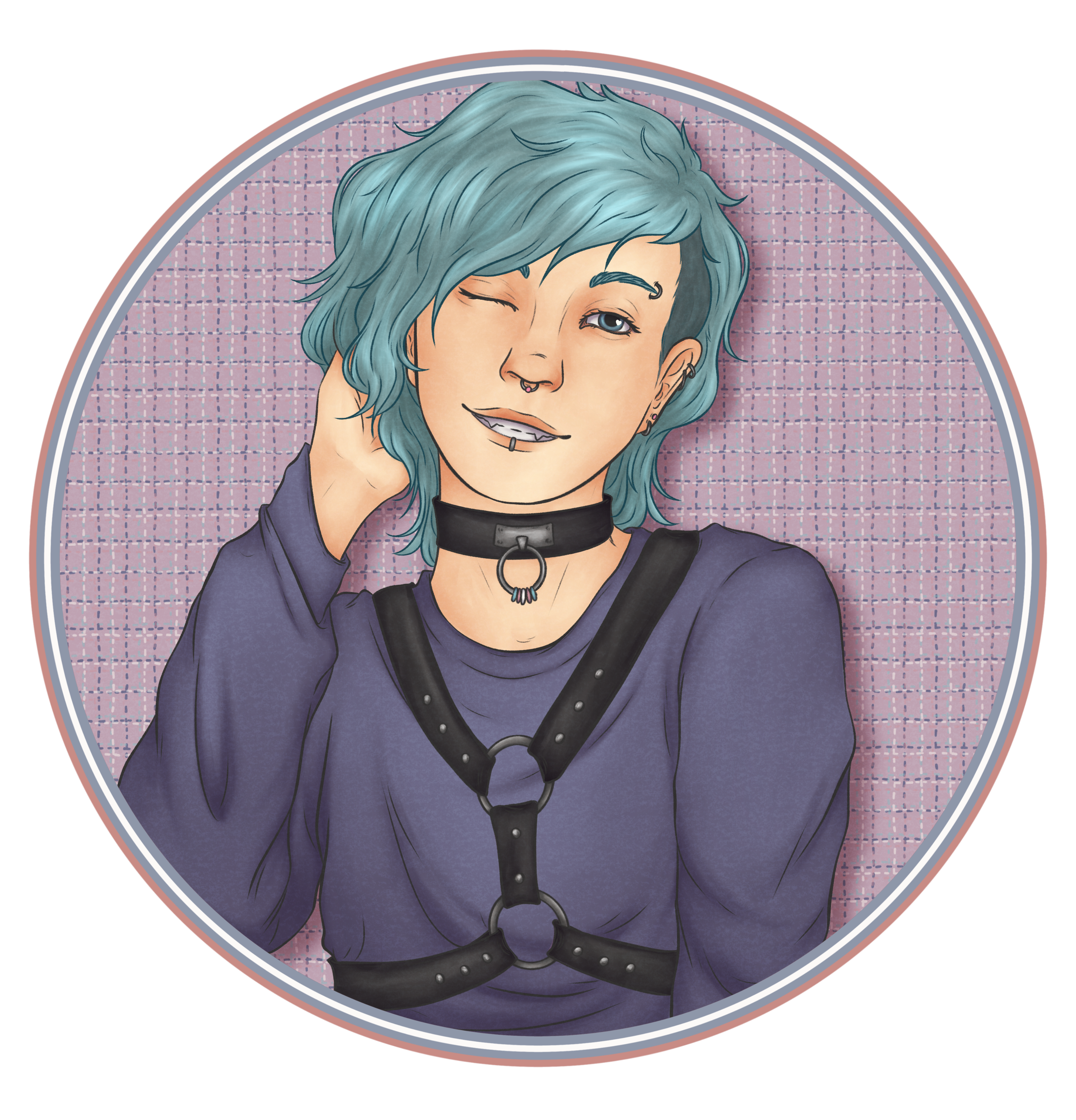 Head shot of Hex drawn by @grimawce on instagram. They are white with blue eyes, piercings, and shaggy blue hair with an undercut. In the picture they are posed winking and touching their hair. They are wearing a long-sleeved blue shirt and a leather harness and collar. The background is a grid pattern in the trans flag colors.